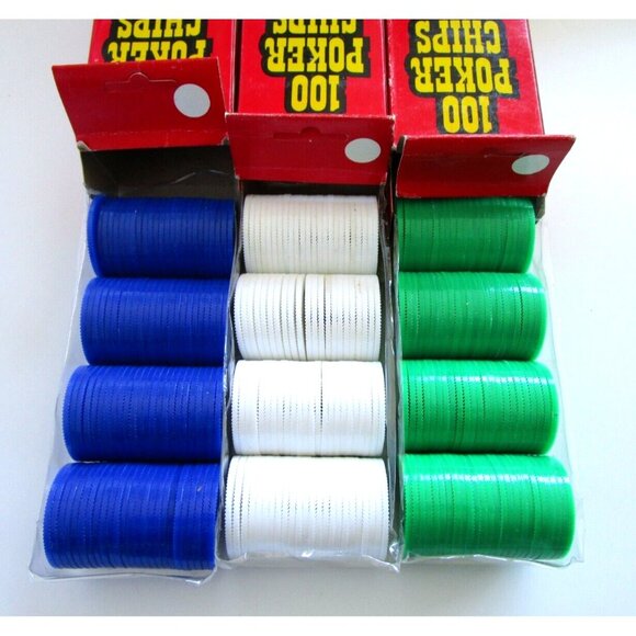 Vintage Poker Chips Blue/Green/White Boxes of 100 - Red Box Not Full Box -Taiwan - Picture 10 of 12